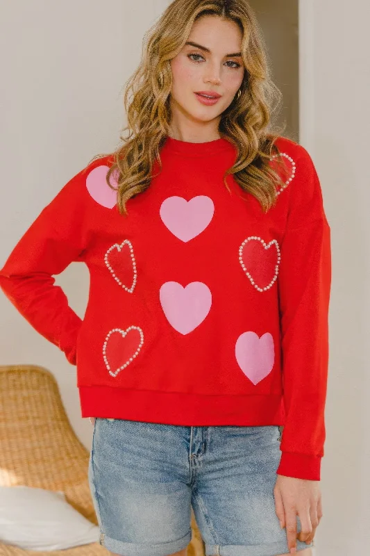 Statement HoodiesHeart Pattern With Pearl Embellished Sweatshirts