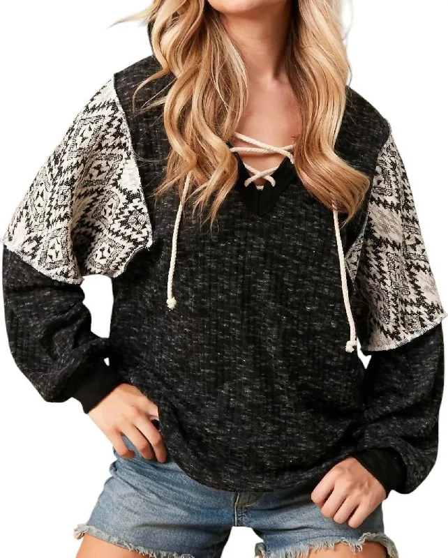 Athletic HoodiesLace Up Hoodie With Aztec Sleeves In Black