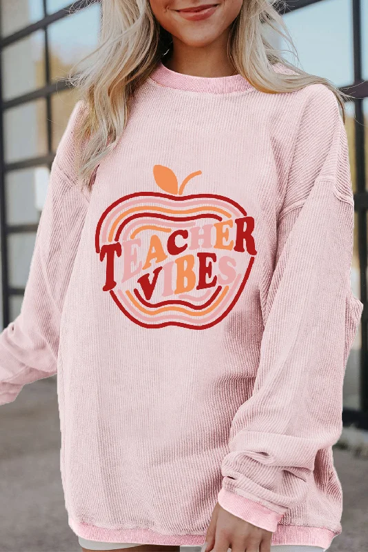 Hemp SweatshirtsLight Pink TEACHER VIBES Apple Shape Ribbed Loose Sweatshirt