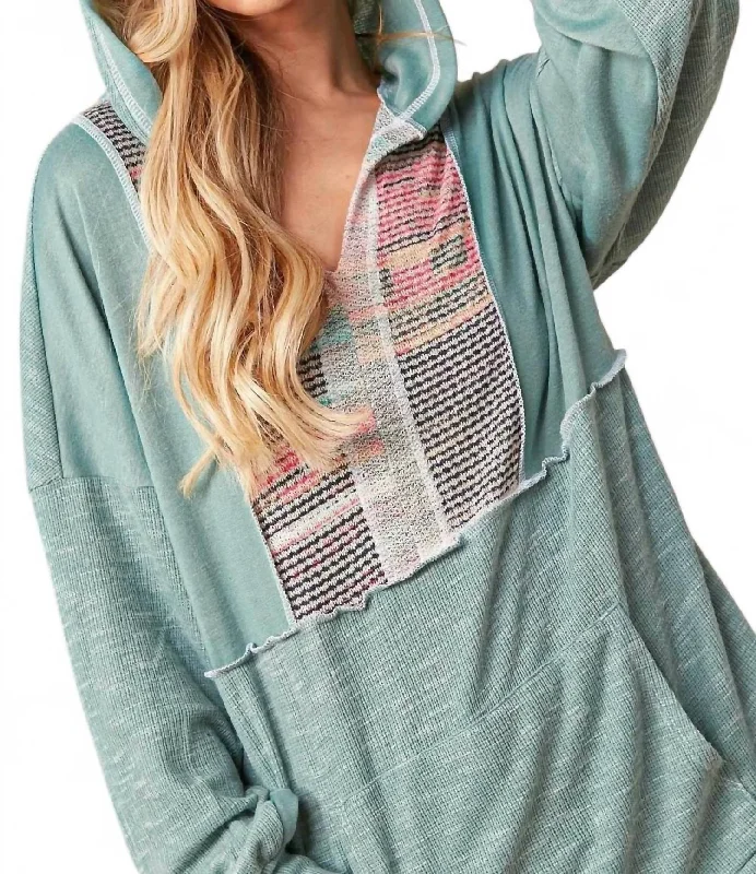 Linen Blend SweatshirtsMulti Stripe Detail Hoodie In Seafoam