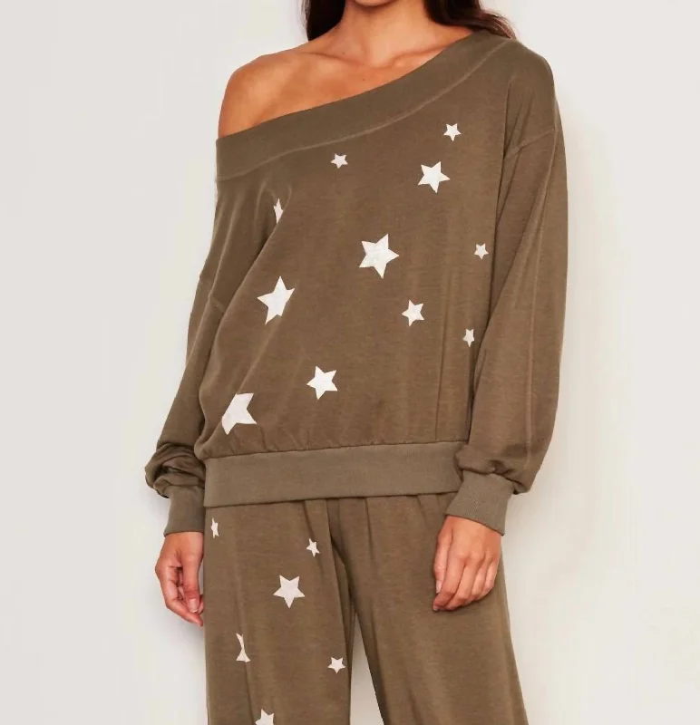 Thermal HoodiesStars Off Shoulder Sweatshirt In Army