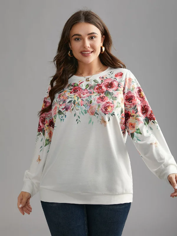 Striped SweatshirtsWatercolor Floral Print Round Neck Sweatshirt