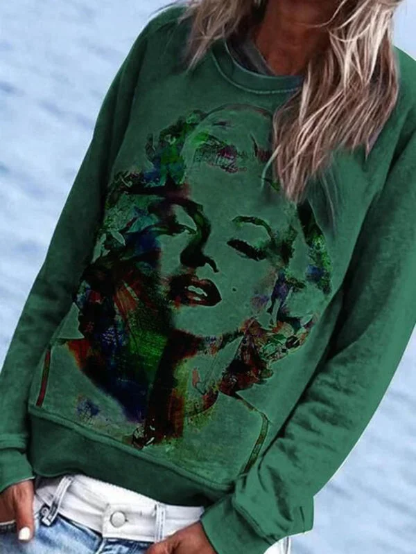 Embellished SweatshirtsWomens Long Sleeve Portrait Print Sweatshirt