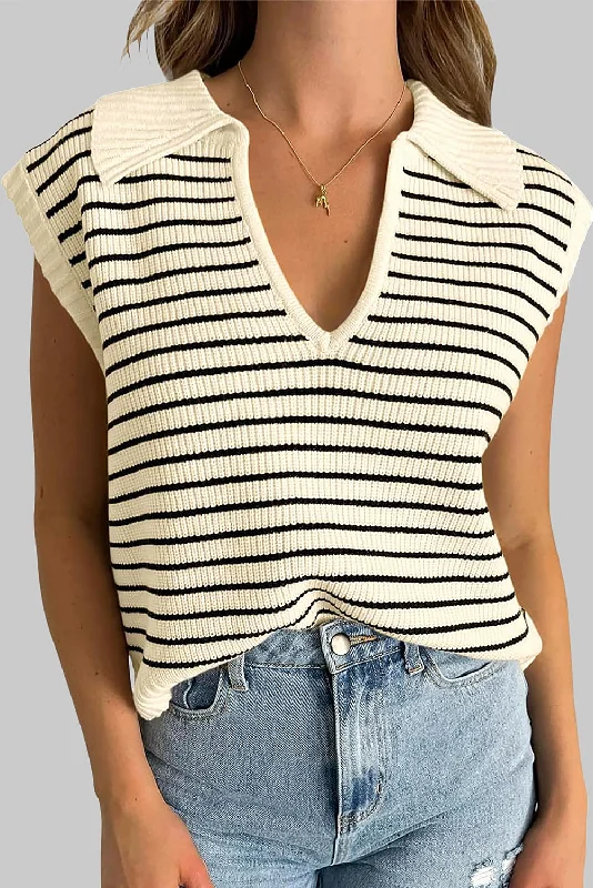 Beige Stripe Turn-down Collar Sleeveless Knitted TopInternet celebrity sleeveless tops