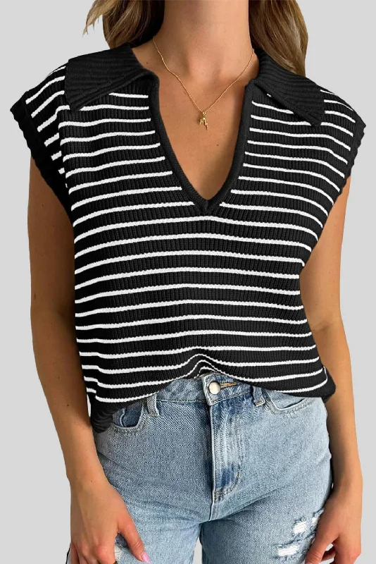 Black Stripe Turn-down Collar Sleeveless Knitted TopFashion sleeveless tops