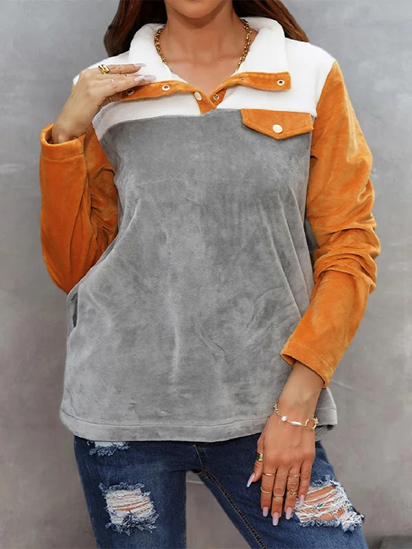 Metallic HoodiesColor Block Collared Sweatshirt with Pockets