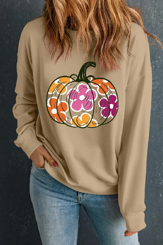 Statement HoodiesKhaki Halloween Floral Pumpkin Graphic Drop Shoulder Sweatshirt