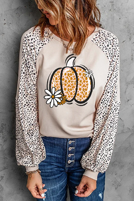 Oversized HoodiesKhaki Leopard Floral Pumpkin Graphic Raglan Sleeve Sweatshirt