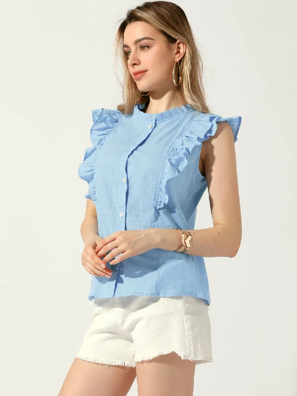 Summer Ruffle Round Neck Button Up Casual Sleeveless BlouseLuxury sleeveless tops