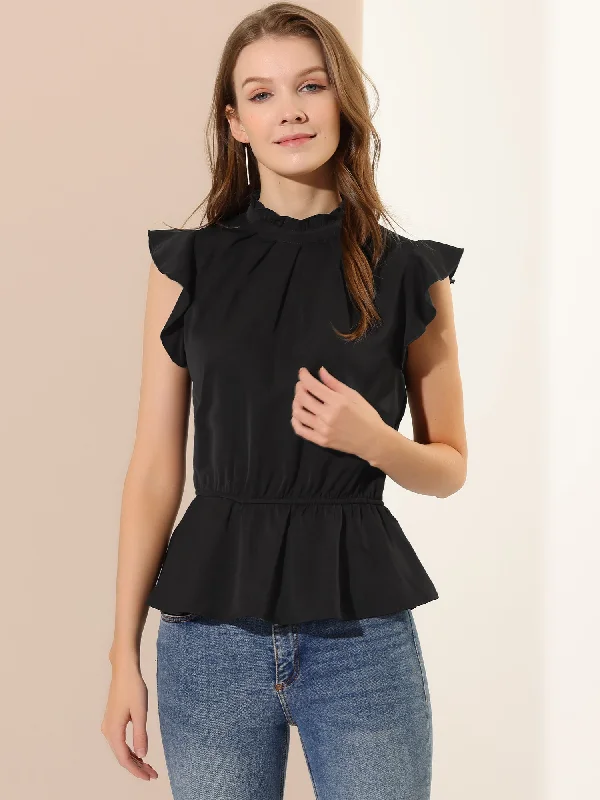 Stand Collar Pleated Frilled Ruffles Solid Sleeveless Peplum TopCustom sleeveless tops