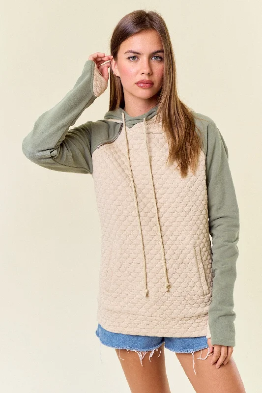 Luxury HoodiesQuilted Knit Layered Hood Sweatshirt W/ Thumb hole