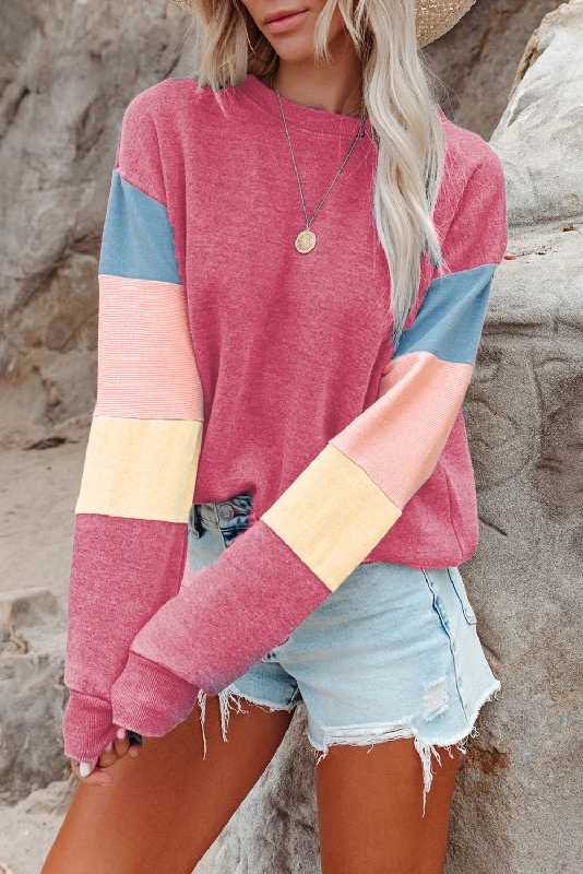 Fringed HoodiesRosy Color Block Casual Drop Sleeve Sweatshirt