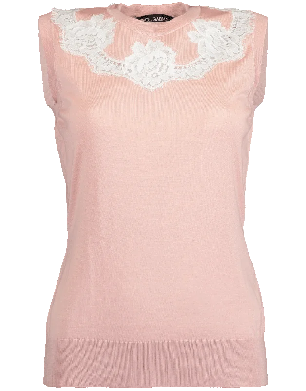 Sleeveless Cashmere and Silk Knit with Lace DetailWedding sleeveless tops