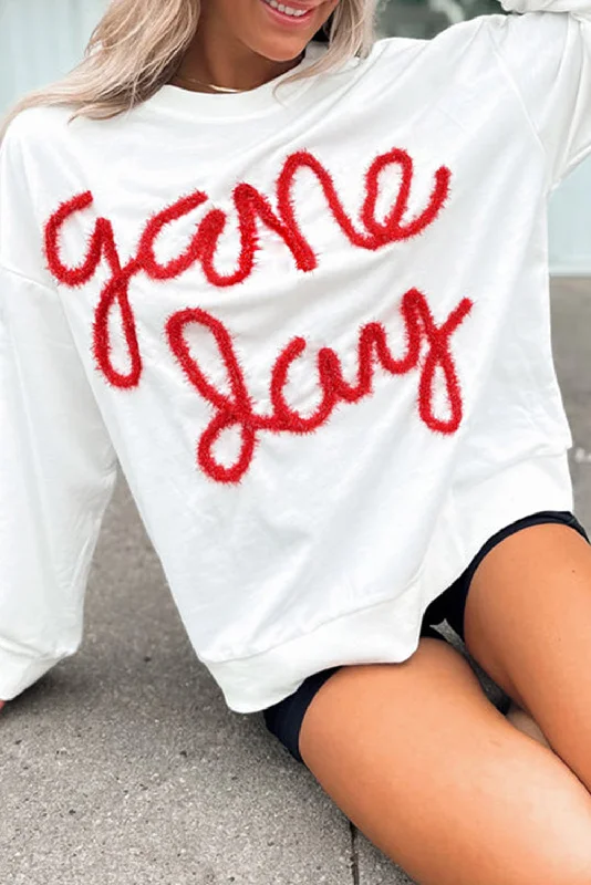 Pocketed HoodiesWhite Tinsel Game Day Drop Shoulder Sweatshirt