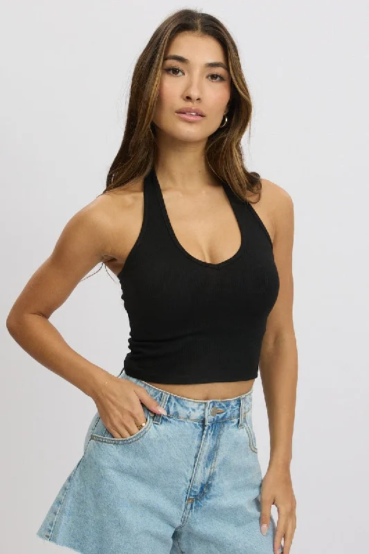 Black Halter Top Sleeveless RibButton sleeveless tops