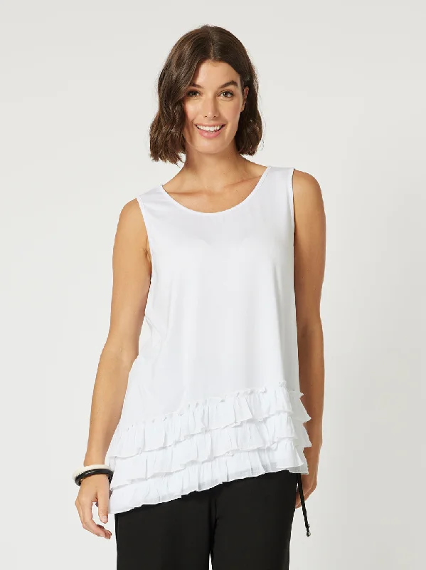 Frilled Hem Sleeveless Top - WhitePrinted sleeveless tops