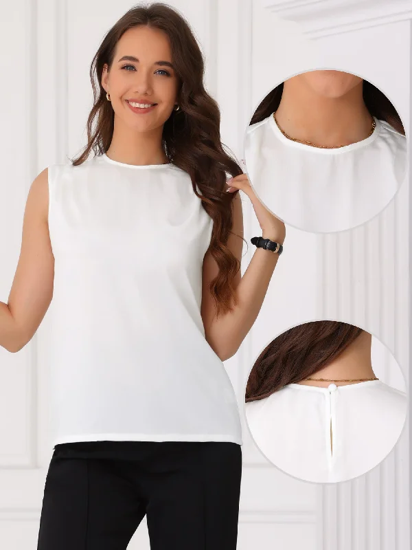 Satin Round Neck Sleeveless Solid Color BlouseNavel-baring sleeveless top