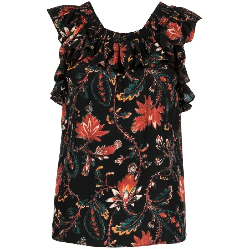 Ulla Johnson Womens Black Floral Silk Sleeveless Tulip TopParty sleeveless tops