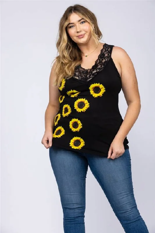 NOIR BLACK LACEY SUNFLOWER SLEEVELESSHollow sleeveless tops