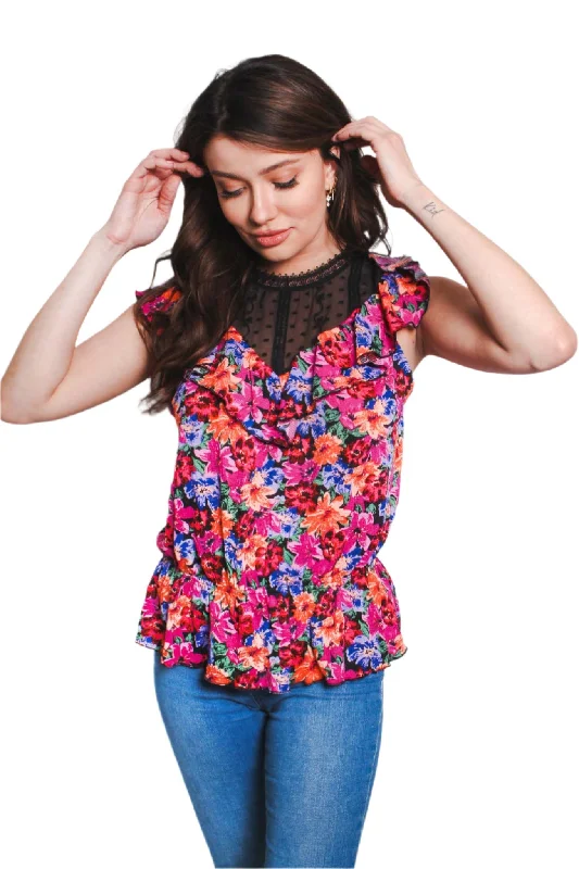 Women's Sleeveless Ruffled Floral TopHigh-neck sleeveless tops