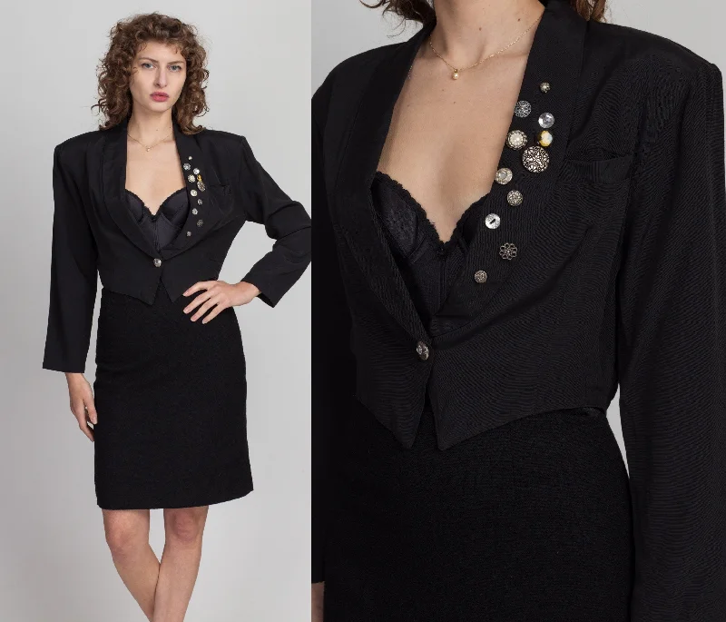 80s 90s Black Decorative Button Cropped Blazer - SmallBlazerrobot