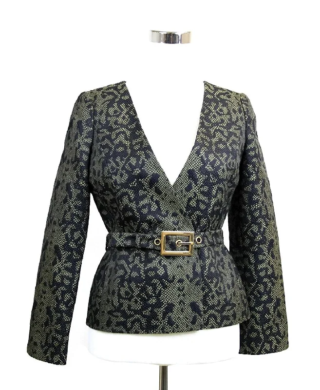 Gucci Women's Green Black Cotton Silk Acrylic Print Belt Runway Blazer JacketBlazerexhibition