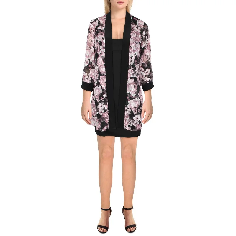 Petites Womens Chiffon Floral Duster BlazerBlazerfit