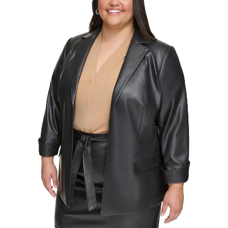 Plus Womens Faux Leather Suit Separate Open-Front BlazerBlazerculture