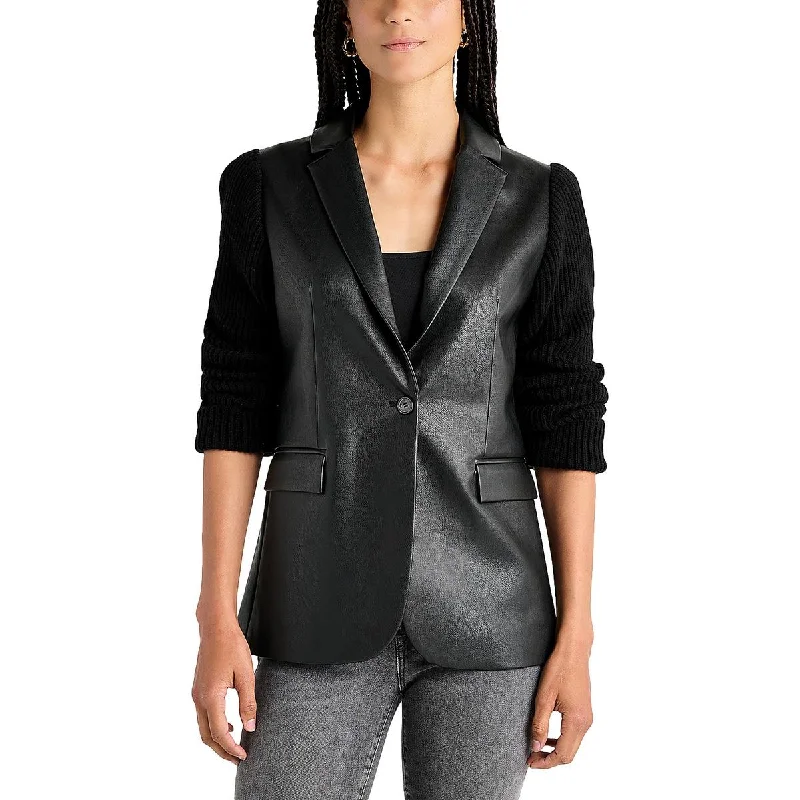 Adina Womens Faux Leather Mixed Media One-Button BlazerBlazerbrand